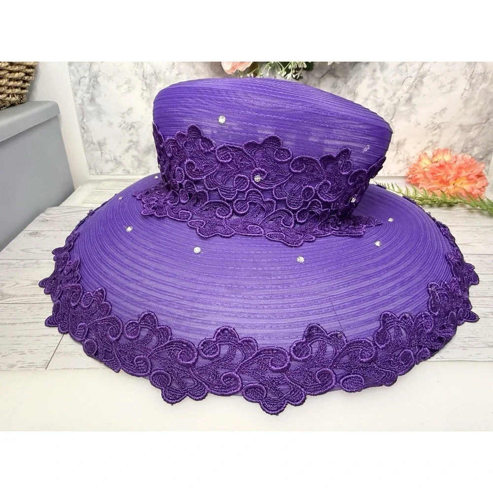 Mr Hi's Classic‎ Purple Wide Brim Lace Hat Ribbon Net Rhinestones Vintage 1970s